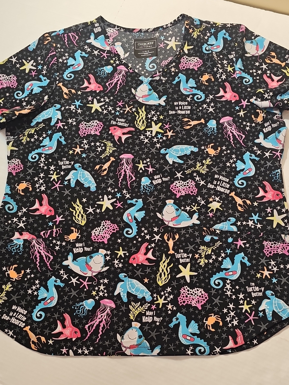Cherokee Scrubs May I Kelp You Black Sea Creature Print Size Large-